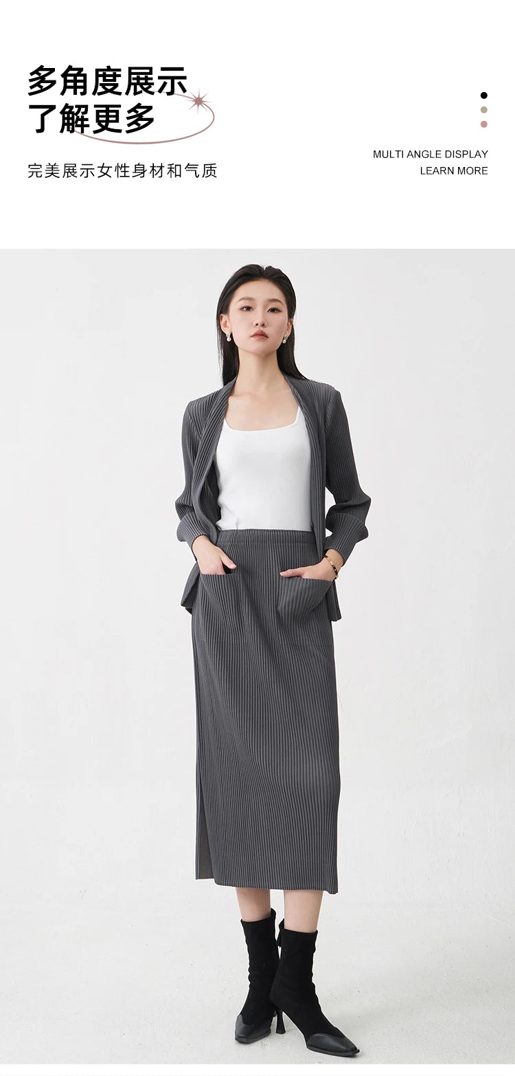 Fast Shipping Women's Fashion Set High Quality Top and Skirt Two Piece Office Set Miyake Pleated Set