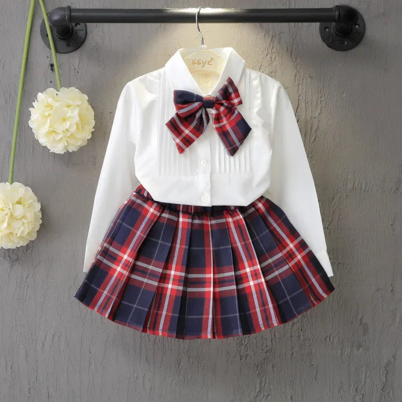 Girls' 2-Piece Outfit Set Bow Shirt + Pleated Skirt Cute Toddler Clothes for Ages 2-7 Years Kids' Fashion Set
