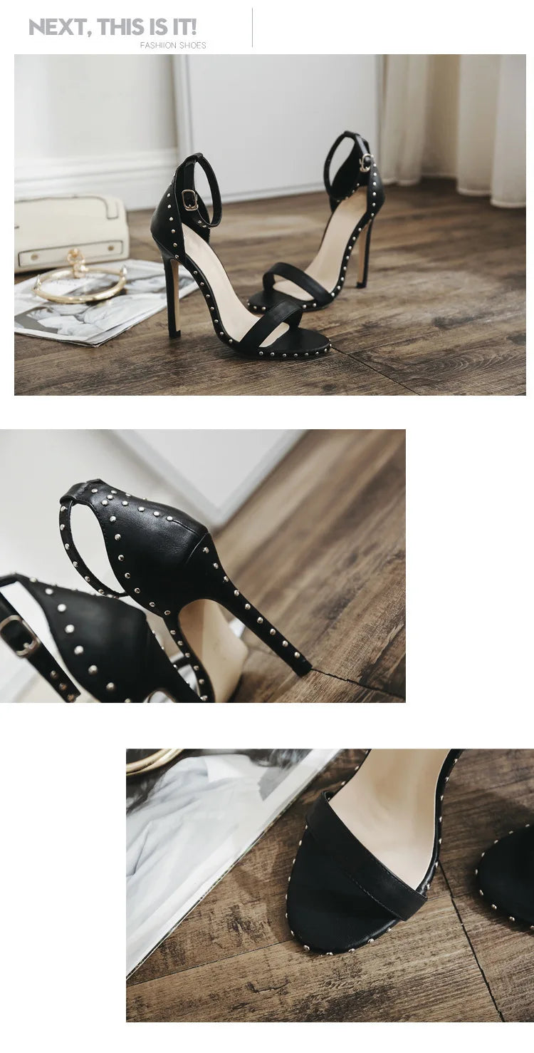 Women Sandals High Heels 2025 Summer Thin Heel PU Leather Rivet Peep Toe Sexy Party Shoes Sandalia Feminina Zapatos Mujer