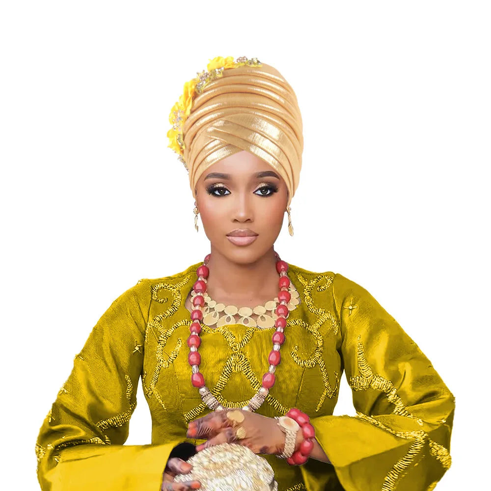 Nigeria Auto Gele Headtie Already Made Wedding Geles Female Head Wraps Diamond Flower 2025 New African Women's Turban Cap Bonnet
