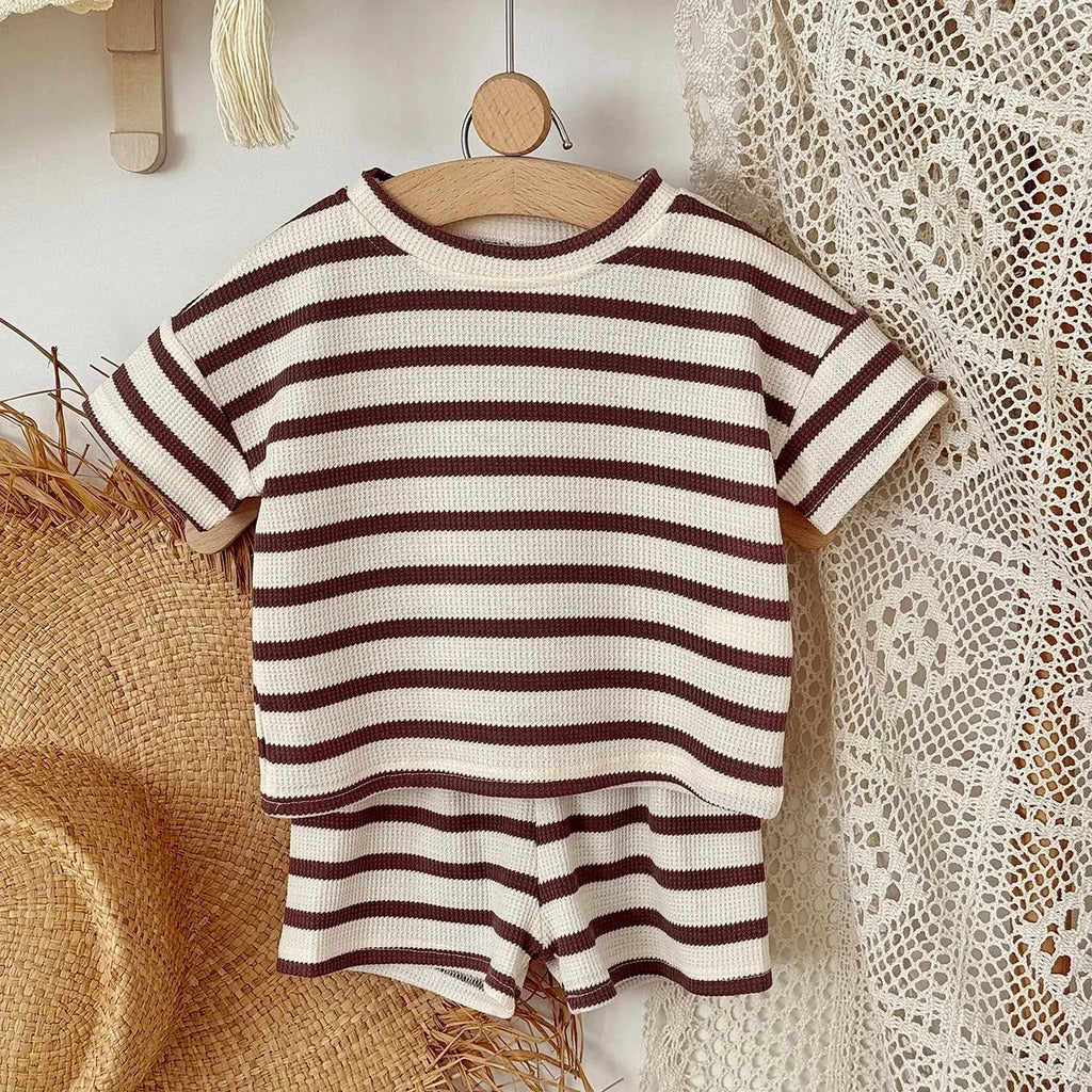 Summer Baby Clothes  Beige Color Boys Striped  T-shirt Shorts Set Breathable Girls Vest Short Sleeved Shorts Set 0-3Years