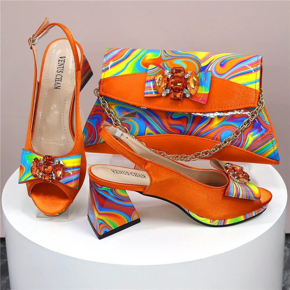 Sandals Woman Summer Ladies Shoes and Bag Decorated with Rhinestone Women Shoe and Bag Set for Party In Women Nigerian Shoe Bag
