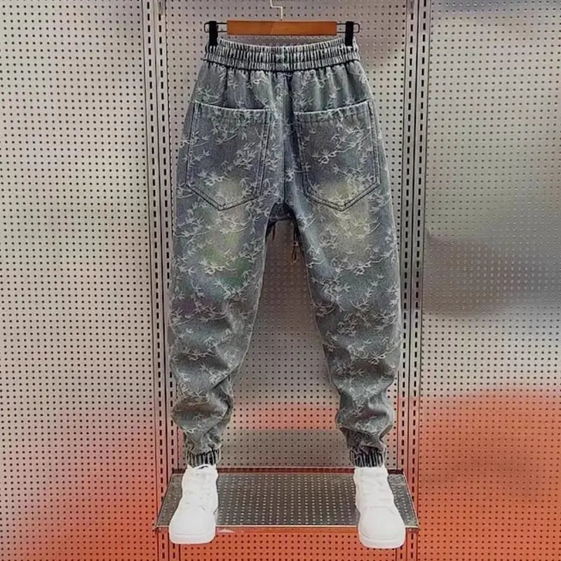 Men's Jeans Loose Jacquard Casual American Waist Drawstring Ties Versatile Trendy Spring and Autumn Harem Pants