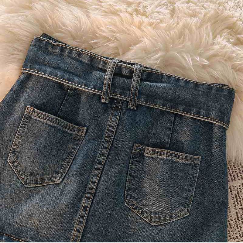 Skirts Female Casual Ball Gown Korean Slim A Line Skirts New Vintage Women Denim Mini Skirts Summer Solid Belt Sexy Jeans