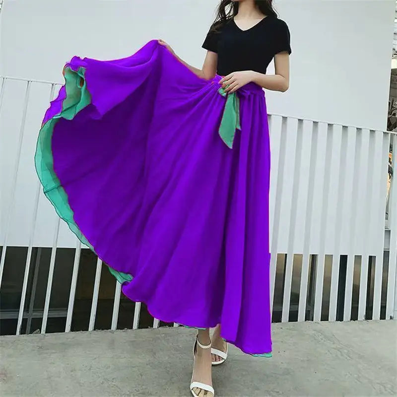 Fashion Chiffon Skirts Womens Elegant Casual High Waist Boho Long Dance Skirt Female Party Beach Maxi A-Line pleated Skirt