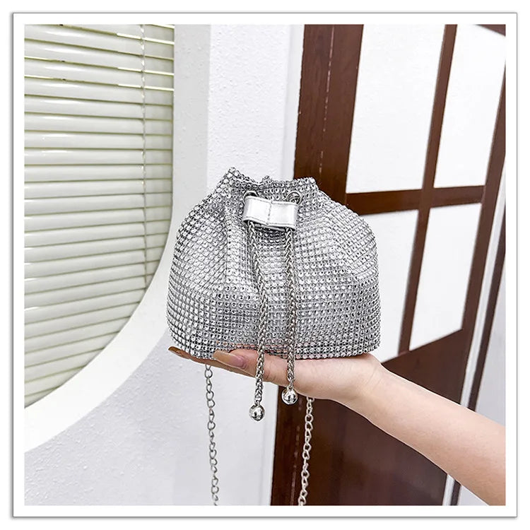 Women Luxury Shoulder Bag Solid Color Rhinestone Glittering Satchel Bag Drawstring Shinny Sling Purse Dinner Party Bag