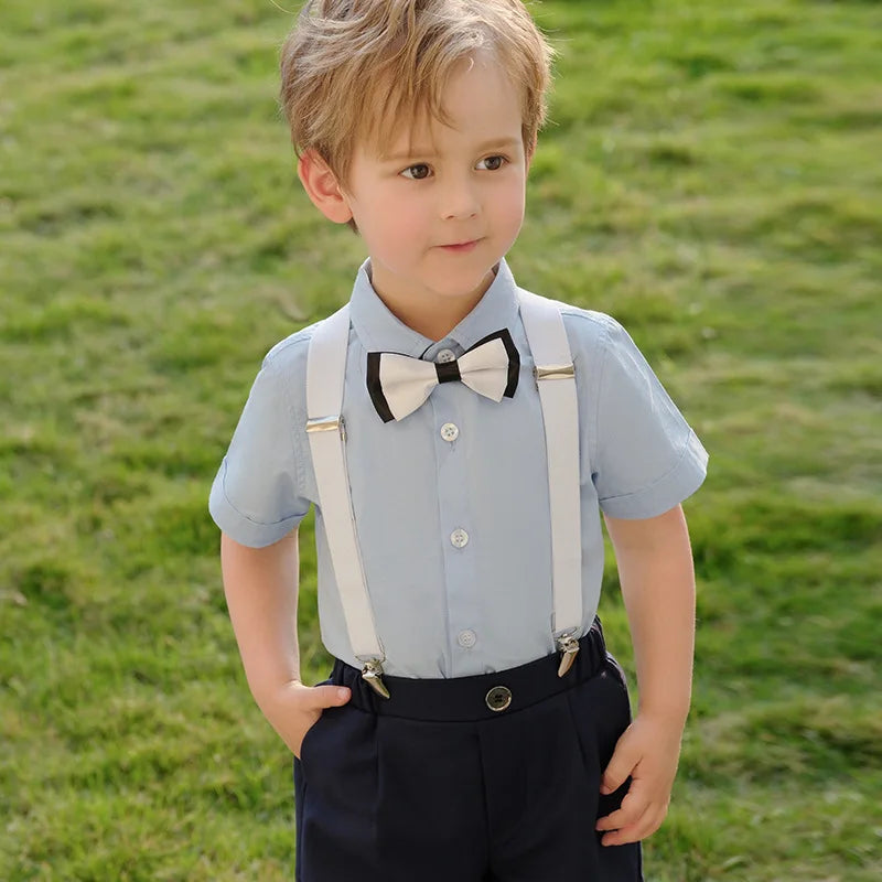 Kid Formal Strap Shirt Shorts Bowtie Clothing Set Gentleman Baby Toddler Tracksuit Elegant Boys Outfit Suit For Wedding Children