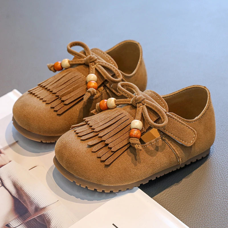 Girls' All-inclusive fringed Boken shoes 2025 Autumn Edition Soft-soled little girl princess Shoes Children's Bean single shoes