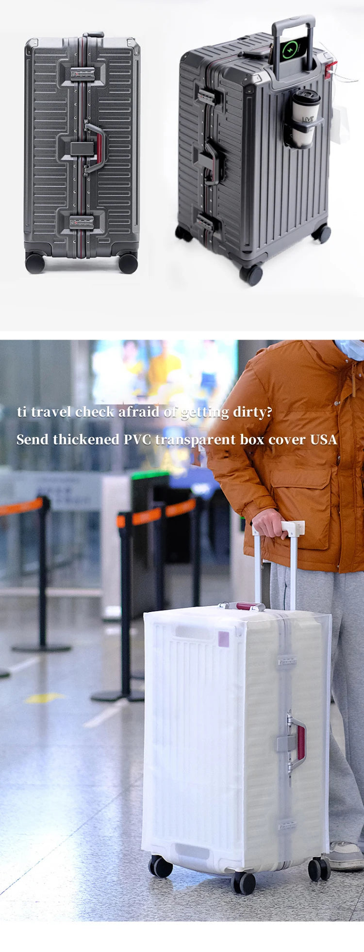 Suitcase Wide Handle Travel Suitcase Men 20 24 26 Carry-On Luggage Women PC Aluminum Frame Trolley Case