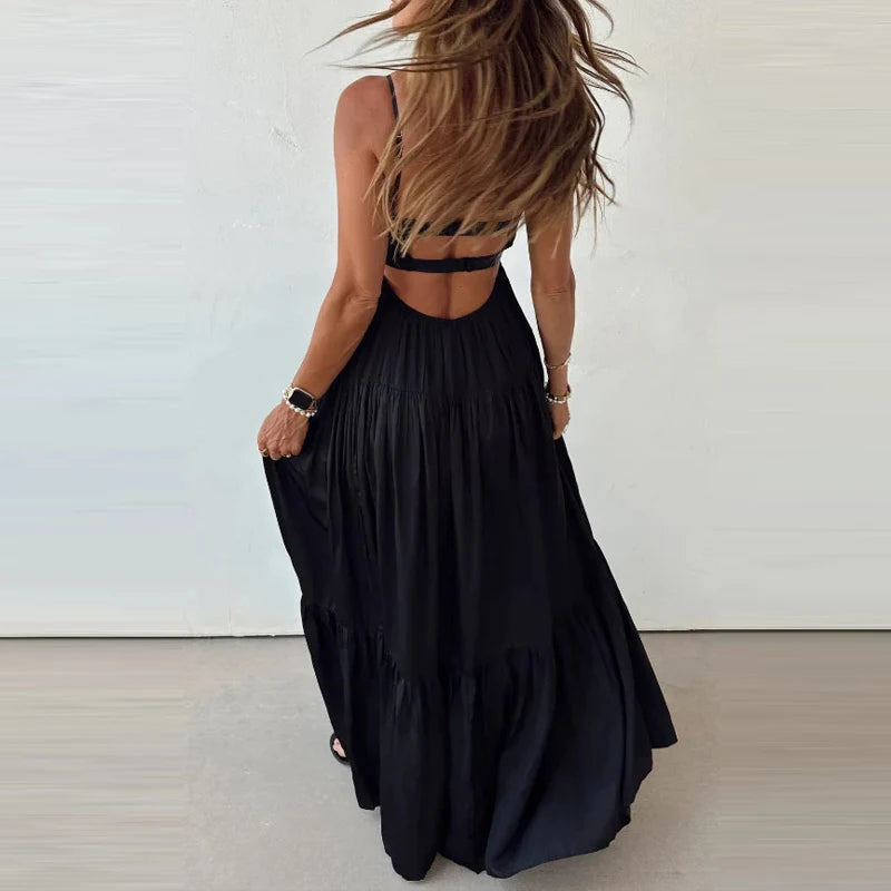 Summer Sexy Color Blocked Beach Vacation Dress Elegant High Waist Off Shoulder Dress Fashion PU Leather Spliced Pleat Maxi Dress