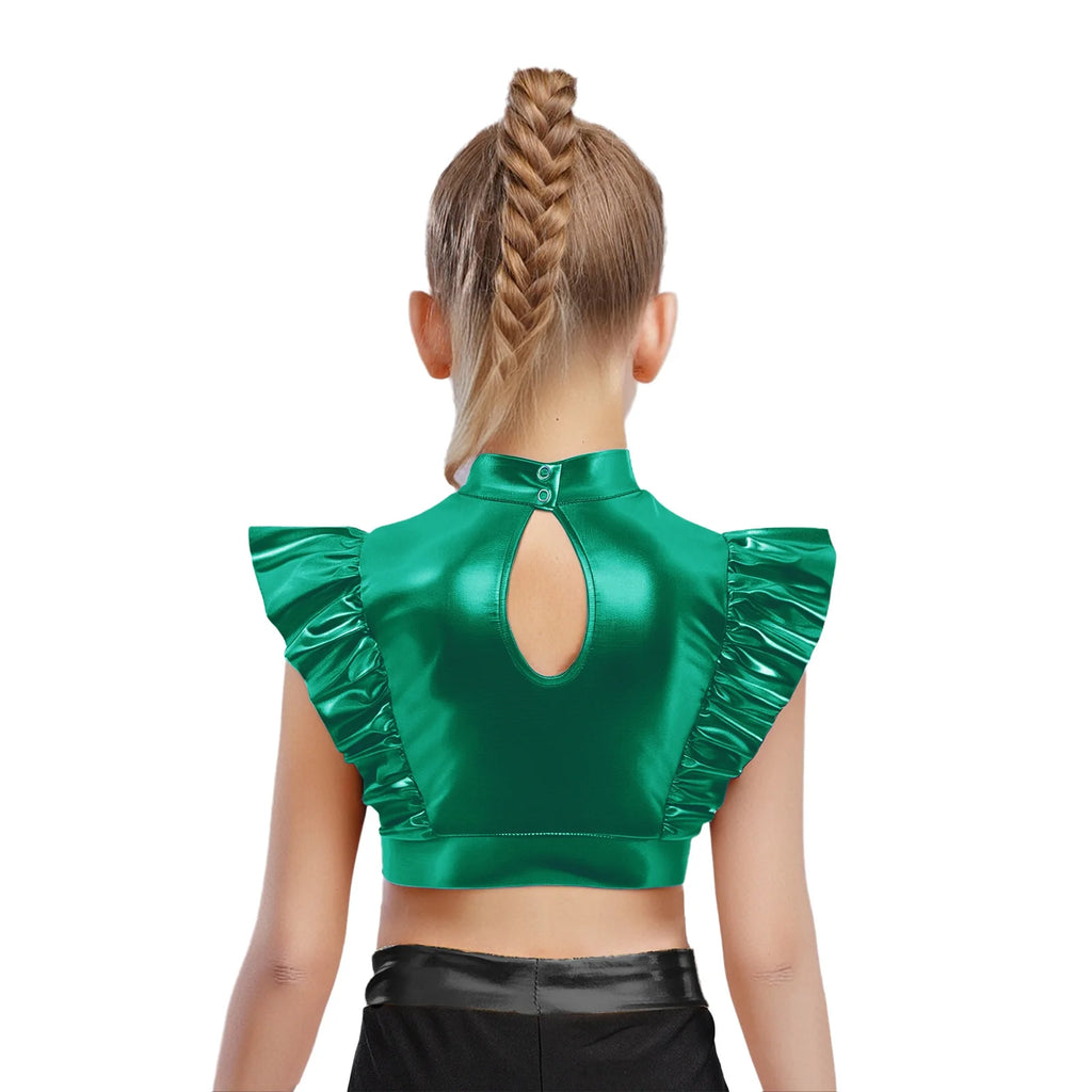 Kid Girls Hip Hop Dance Clothes Kids Jersey Sequin Tiered Skirt Long Tank Top Jazz Metallic Holographic Crop To Cheerleading Set
