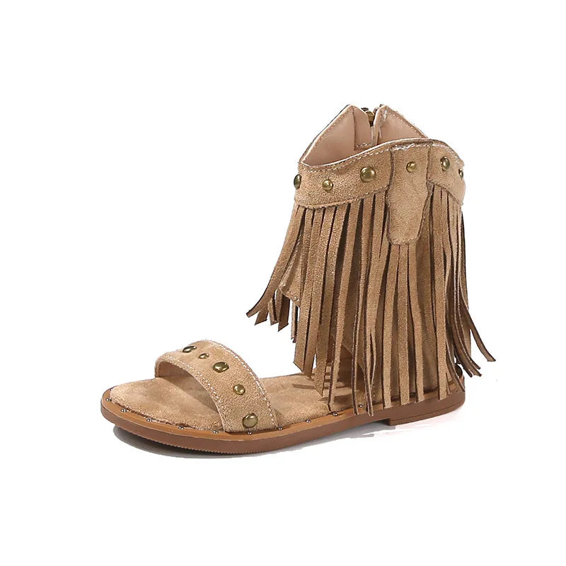 Sandals for Girl Summer New Fashion Strap Roman Sandals with Tassel Rivet Girl Shoes Personalized Kid Cool Boot Sandalias Mujer