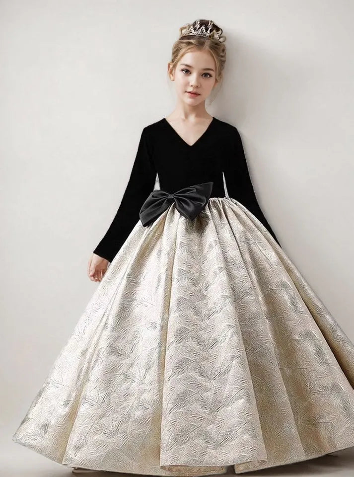 Girls Long Sleeve Black Party Dress New Kids Pageant Gown for Fashion Show Piano Performance Formal Wear Autumn Winter Children