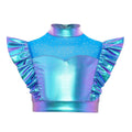 Kids Girls Metallic Shirts Party Disco Jazz Dance Tops Mock Neck Mesh Splice Shiny Rhinestone Sleeveless Ruffle Tank Crop Tops