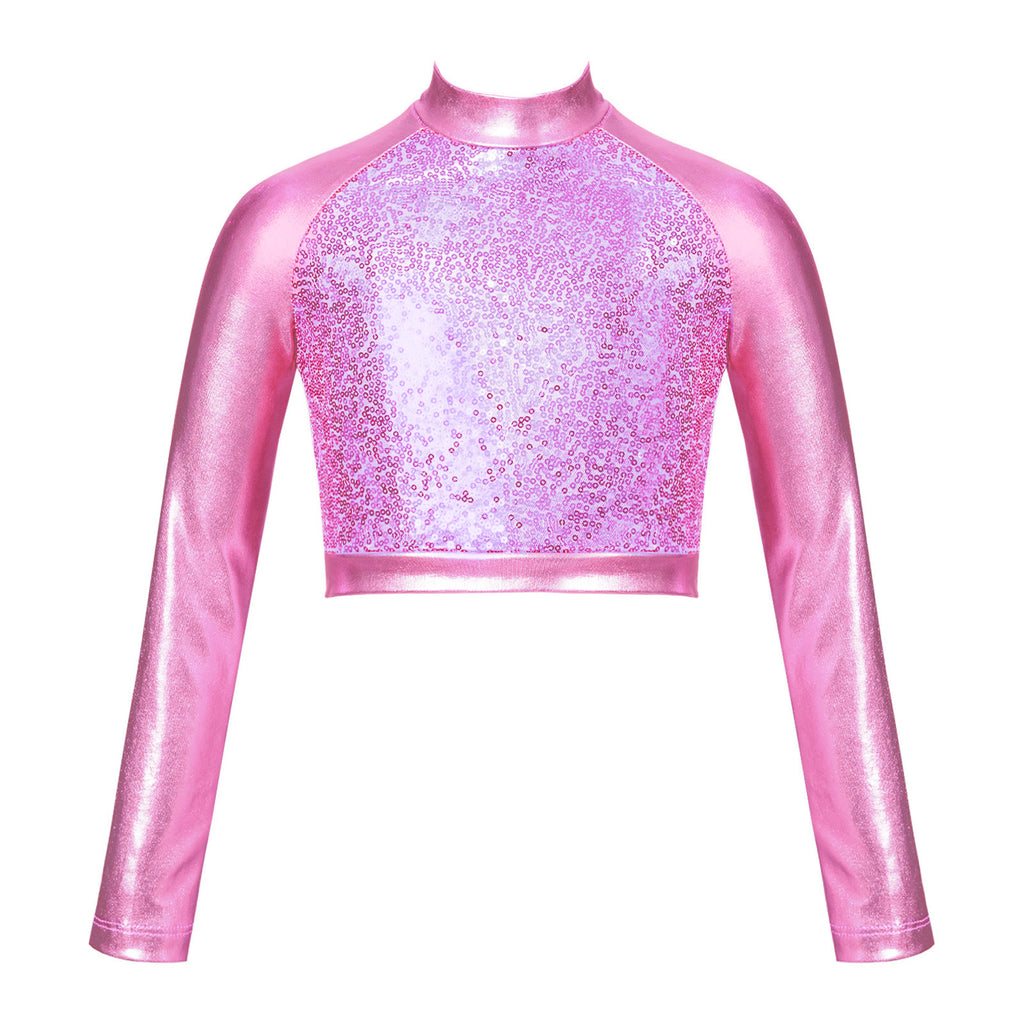Kids Girls Shiny Metallic Crop Top Mock Neck Long Sleeve Front Sequin Fully Lined Athletic T-Shirts Jazz Hip-hop Dance Tops