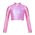 Kids Girls Shiny Metallic Crop Top Mock Neck Long Sleeve Front Sequin Fully Lined Athletic T-Shirts Jazz Hip-hop Dance Tops