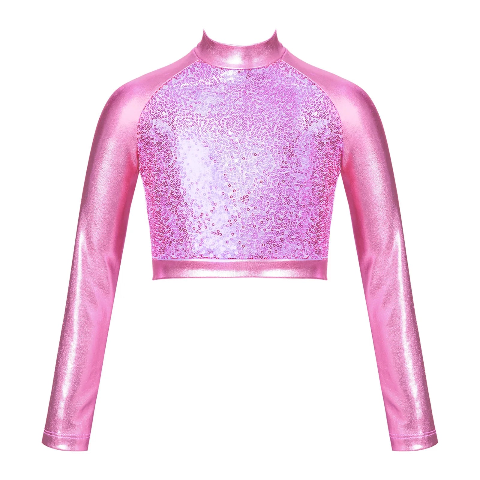 Kids Girls Shiny Metallic Crop Top Mock Neck Long Sleeve Front Sequin Fully Lined Athletic T-Shirts Jazz Hip-hop Dance Tops