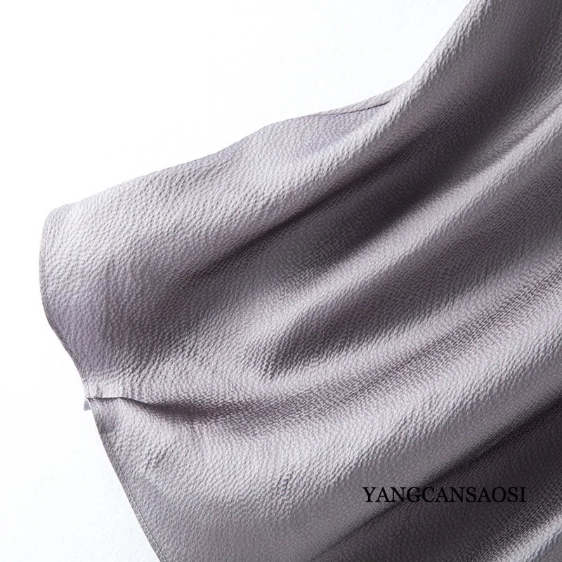 2025 Women's Summer New 100% Natural Mulberry Silk Pearl Satin Dark Grey Elegant Diagonal Cut Wrapped Hip Fishtail Skirt