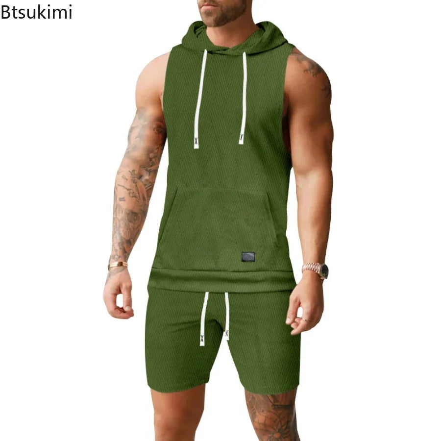 2026 Men's Casual 2 Piece Set Fashion Jacquard Knitted T-shirt Hooded Sleeveless Vest Elastic Waist Shorts Jogging Fitness Suit