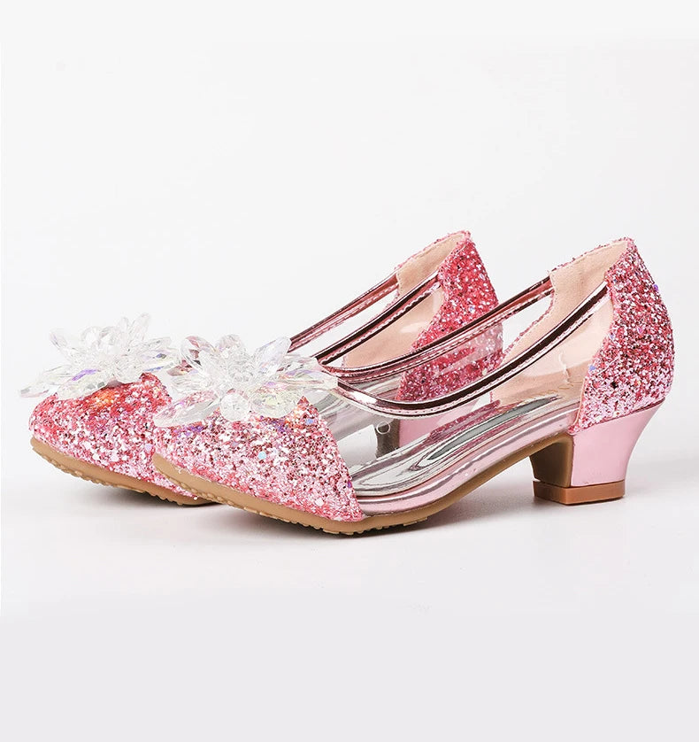 Pink Blue Princess Dance Shoes for Girls Low Heels for Kids Birthday Party Glitter Crystal Diamond Shoe Child Gown Leather Shoes