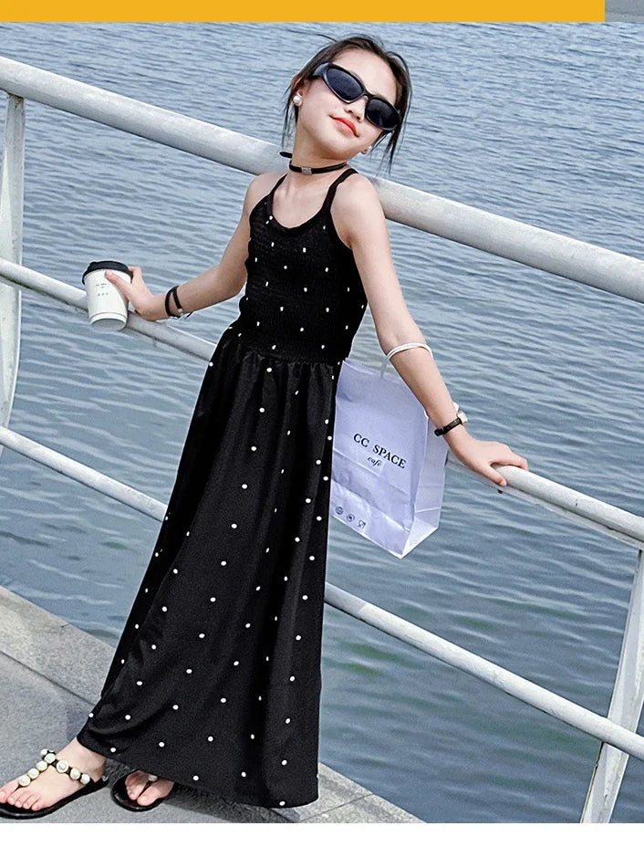 teenage girls dress design sense cross tie polka dot camisole princess dresses summer junior backless long skirt prom dresses 12