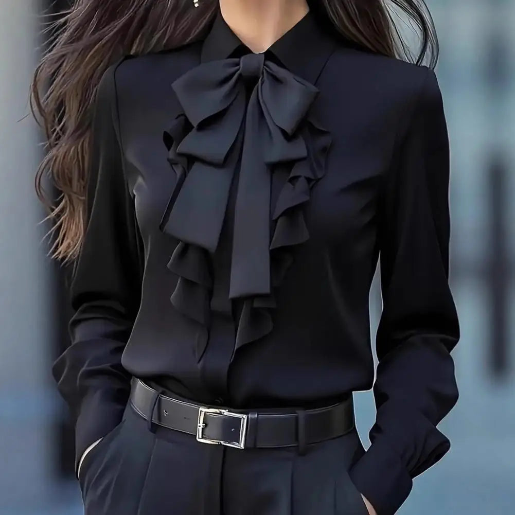 Women Shirts 2026 Spring Autumn Women Shirt Lapel Bow Ruffle Design Long Sleeve Shirt Tops Buttons Closure Shirt Blouses Tops