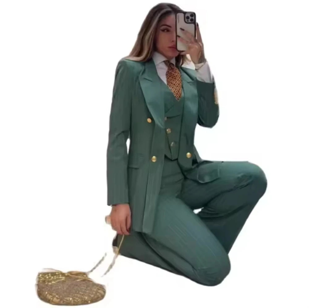 Fashion Navy Blue Striped Women Suit 3 Pcs Female Clothing Slim Fit Formal Office Lady Blazer Set (Jacket+Vest+Pants)