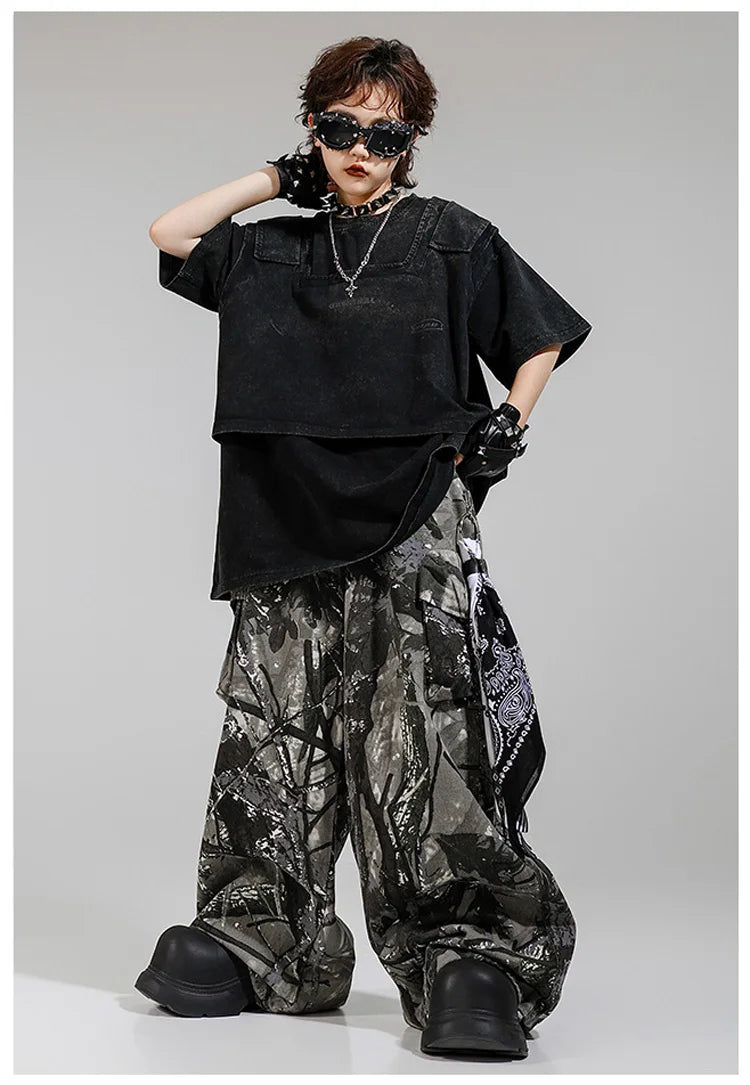 Kid Kpop Clothing Fake-2-Piece T Shirt Leaf Print Streetwear Harajuku Hip Hop Jeans for Girl Boy Jazz Dance Costume Clothes