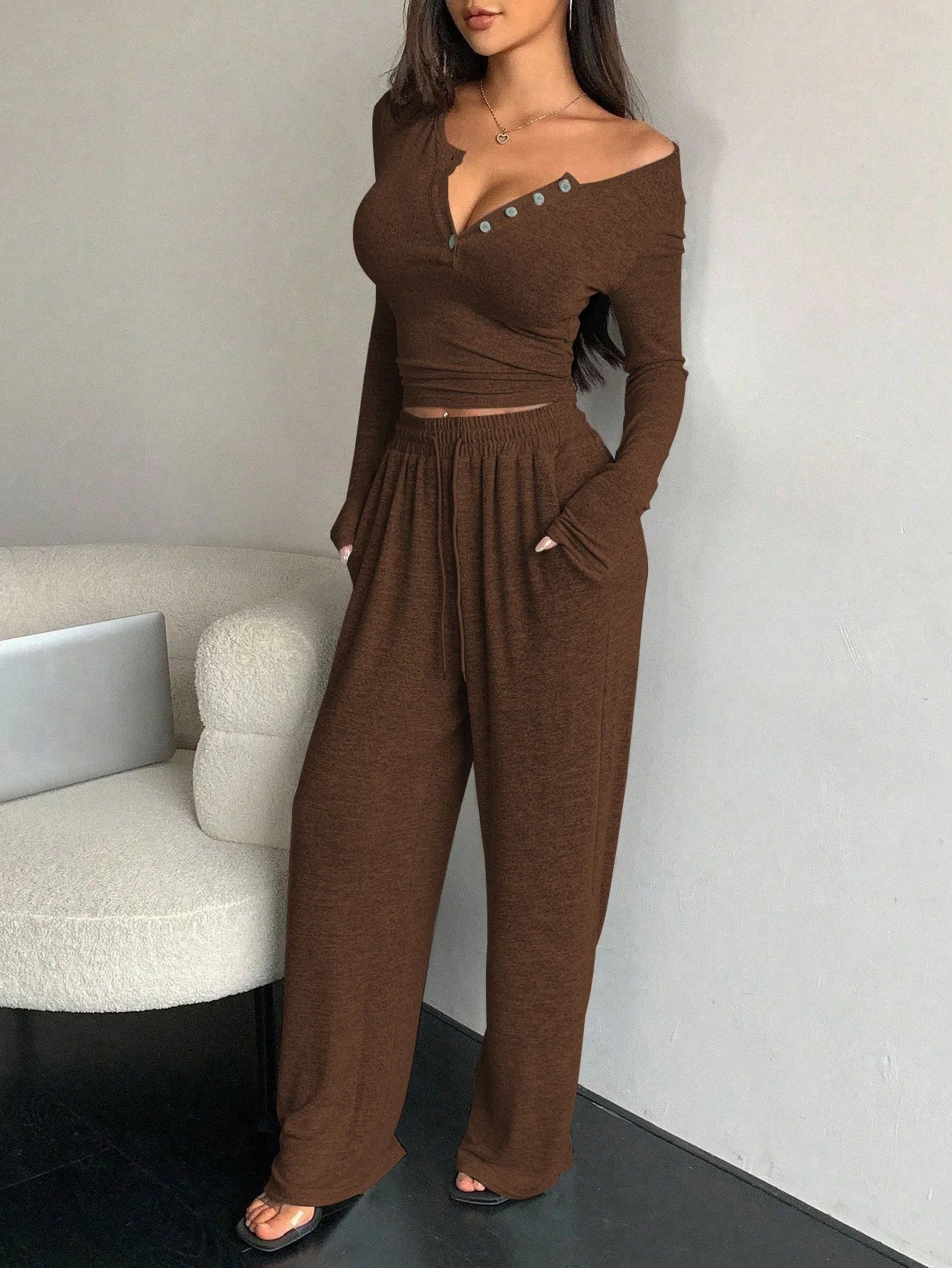 Women's Pajamas Sexy Tight-fitting Button V-neck Long-sleeved Drawstring Long Trousers Two-piece Set Casual Simple Homewear