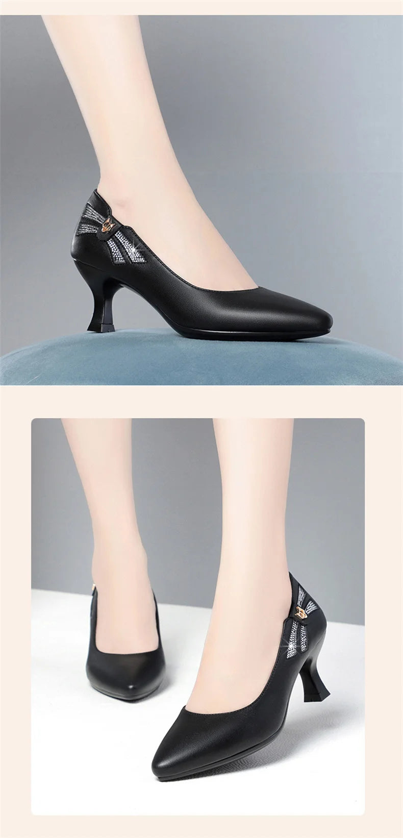 Genuine Leather Women's Shoes 2023 Spring New Single Leather Shoes Work Shoes Mid-high Heel All-match Ladies Women's Shoes
