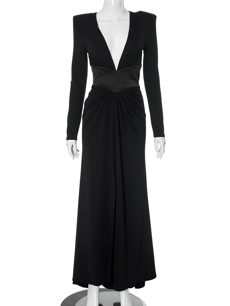 Nibber Elegant Women Dress Deep v-Neck Long Sleeves High Slits Skinny Solid Classic Premium Ruffles Temperament Banquet Vestidos