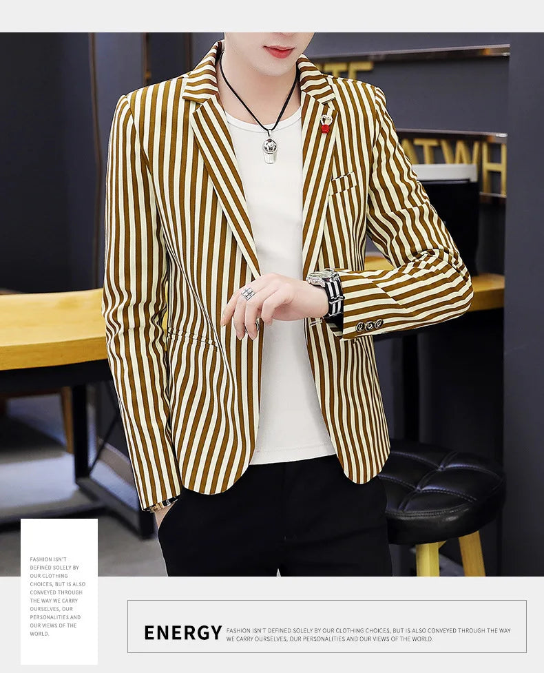 Mens Blazer Jacket 2022 New Suit Male Casual Korean Style Trendy Slim Striped Student Small Suit Jacket Hair Stylist Single Top