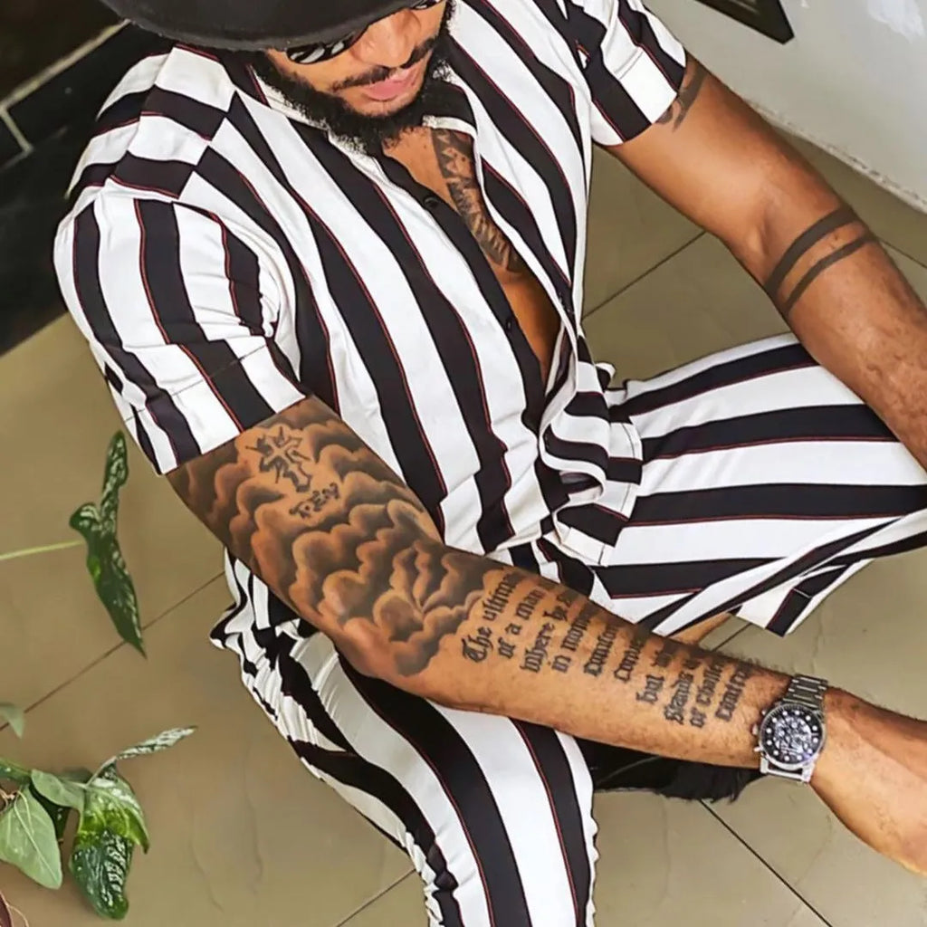 Summer New Men's Fashion Trend Print Shirt Casual Suit V-neck Short-sleeved Trousers Male Streetwear High-quality Two-piece Sets