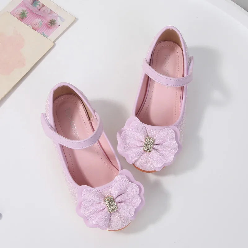 Elegant Girl High Heel Shoes for Princess 2026 New Children's Baby Fashion Party Shoes Sweet Bowknot Kids Sequins Leather Shoes