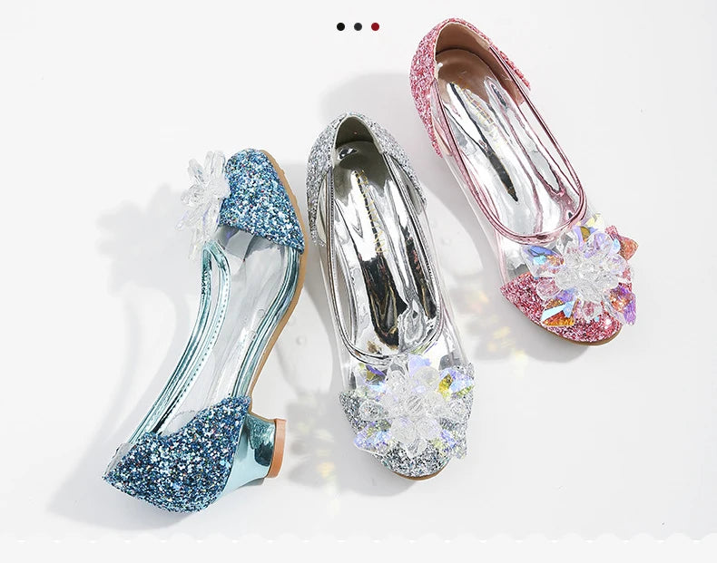 Pink Blue Princess Dance Shoes for Girls Low Heels for Kids Birthday Party Glitter Crystal Diamond Shoe Child Gown Leather Shoes