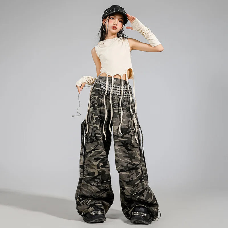Kid Modern Dance Clothes Girl Jazz Dance Lace up Crop Hoodie Camouflage Pants Navel Performance Suit Kpop Group Stage Costume