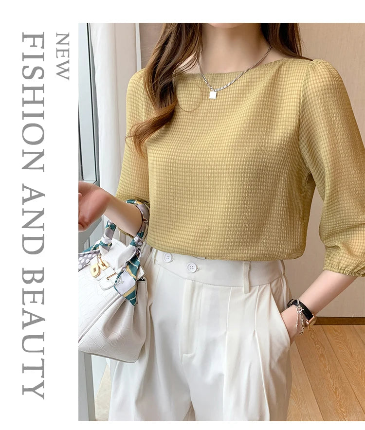 Blusas Para Mujer 2026 New Women Blouse Shirt O-Neck Black Chiffon Blouse Shirt Women Tops Blouses Shirts Blusas Camisas E474