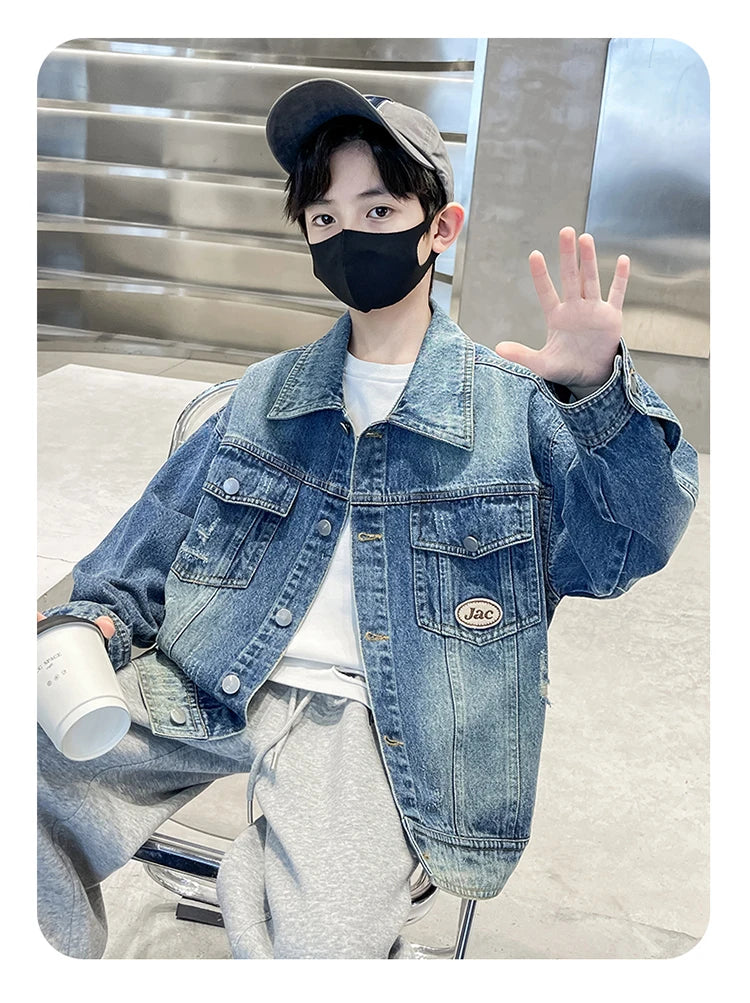 Kids Luxury Clothing Black Blue Denim Jacket for Teenage Boy Spring Autumn Ripped Denim Jacket Coat Child Casual Outfit Age 5-14