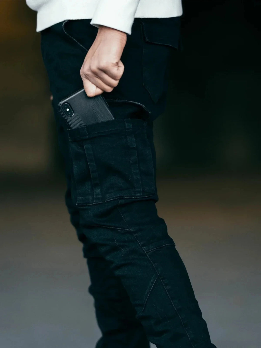 Men's street elastic workwear jeans washed solid color multi pocket casual mid waist pants slim fit daily wear jogging pants
