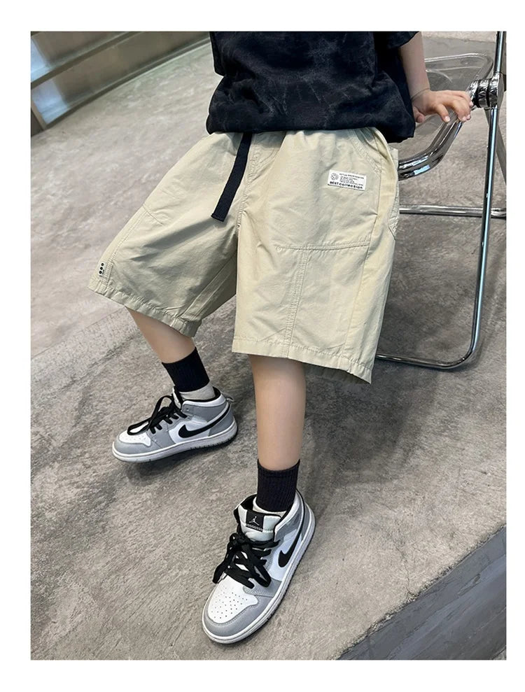 Kids Casual Solid Color Cargo Shorts for Tween Boys Khaki Black Summer Shorts Teenage Child Brief Knee-Length Pants Age 5-14Y