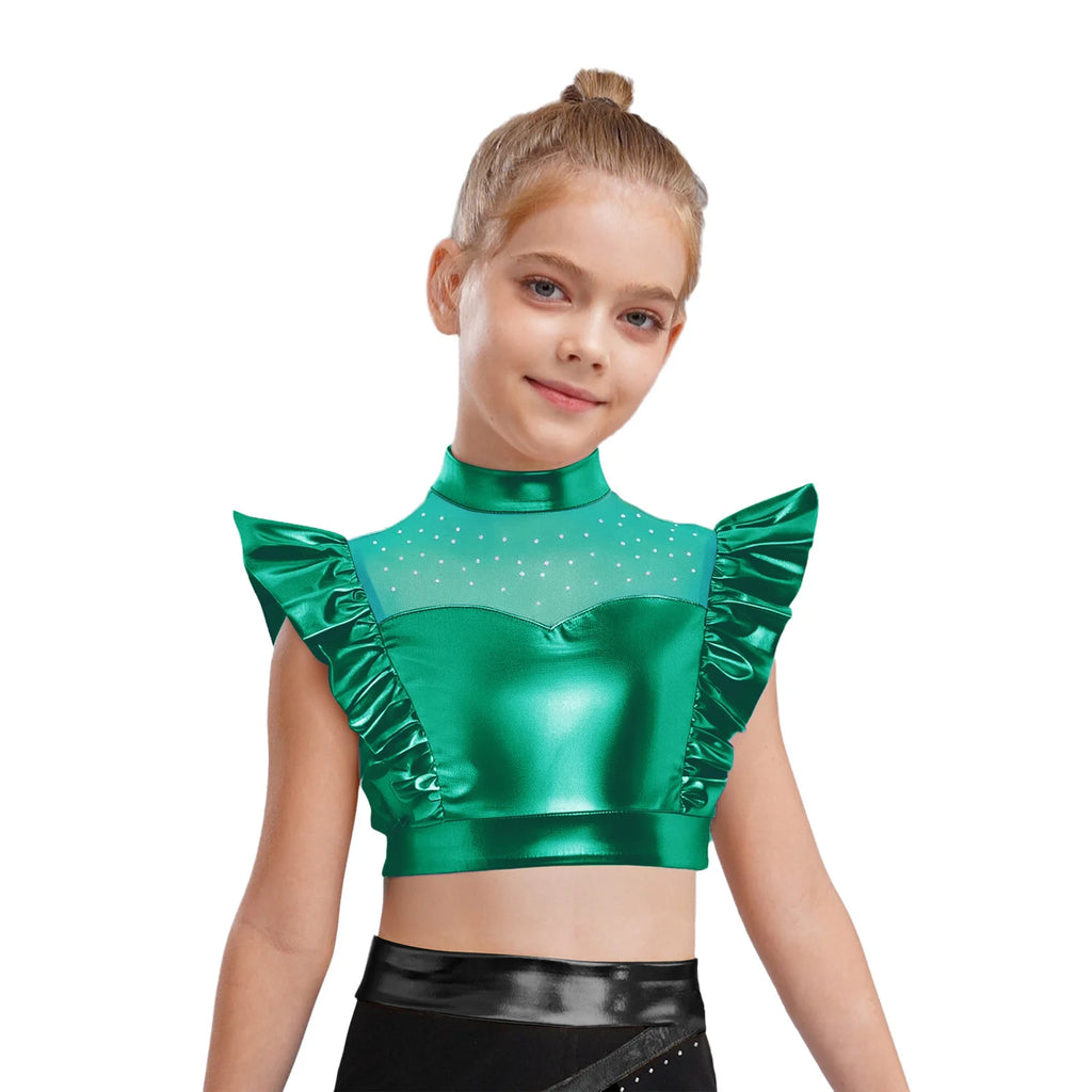 Kid Girls Hip Hop Dance Clothes Kids Jersey Sequin Tiered Skirt Long Tank Top Jazz Metallic Holographic Crop To Cheerleading Set