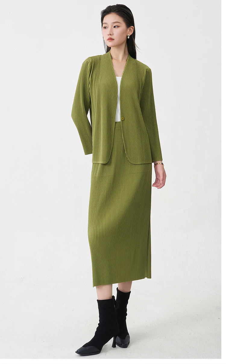 Fast Shipping Women's Fashion Set High Quality Top and Skirt Two Piece Office Set Miyake Pleated Set
