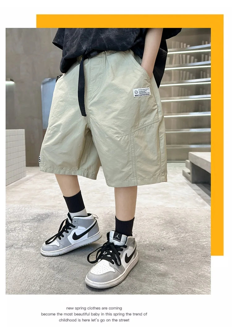 Kids Casual Solid Color Cargo Shorts for Tween Boys Khaki Black Summer Shorts Teenage Child Brief Knee-Length Pants Age 5-14Y