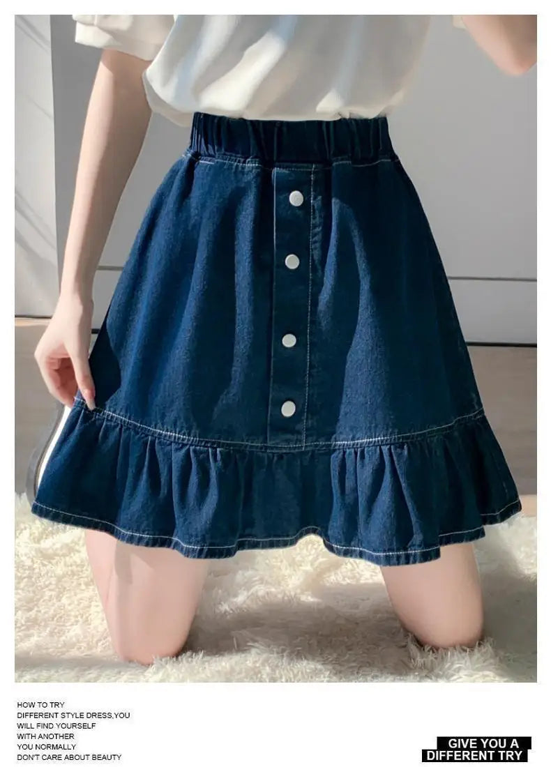 Kids Girls Denim Skirt 2025 New Children Summer Casual Skirts Teenage Girls Blue Jean Skirt Korean Style School Wear Clothes