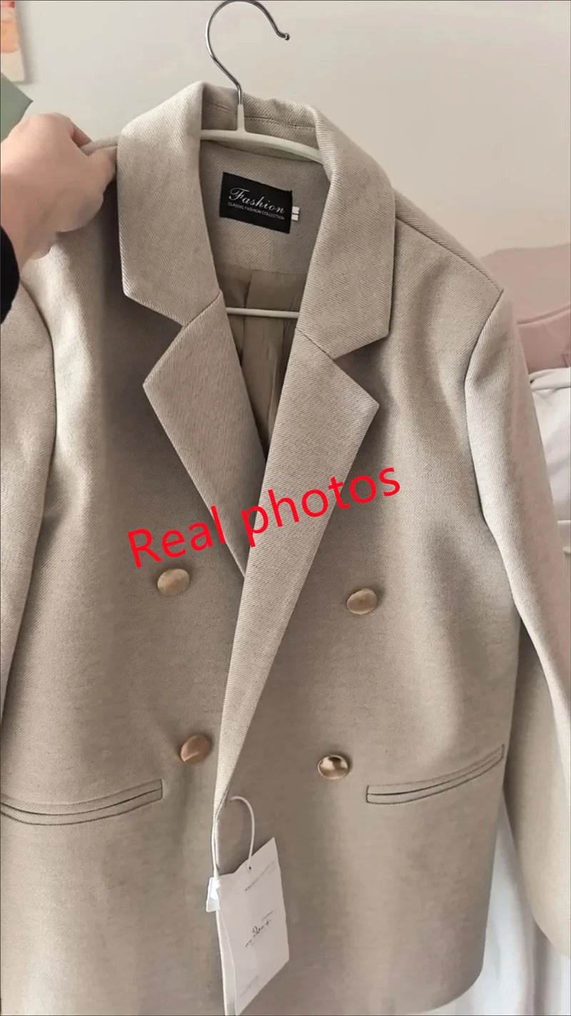 Fashion Woolen Suit Jacket Women's Vintage Blazers Double-breasted Office Coat Female Casual Outerwear Spring Autumn Streetwear