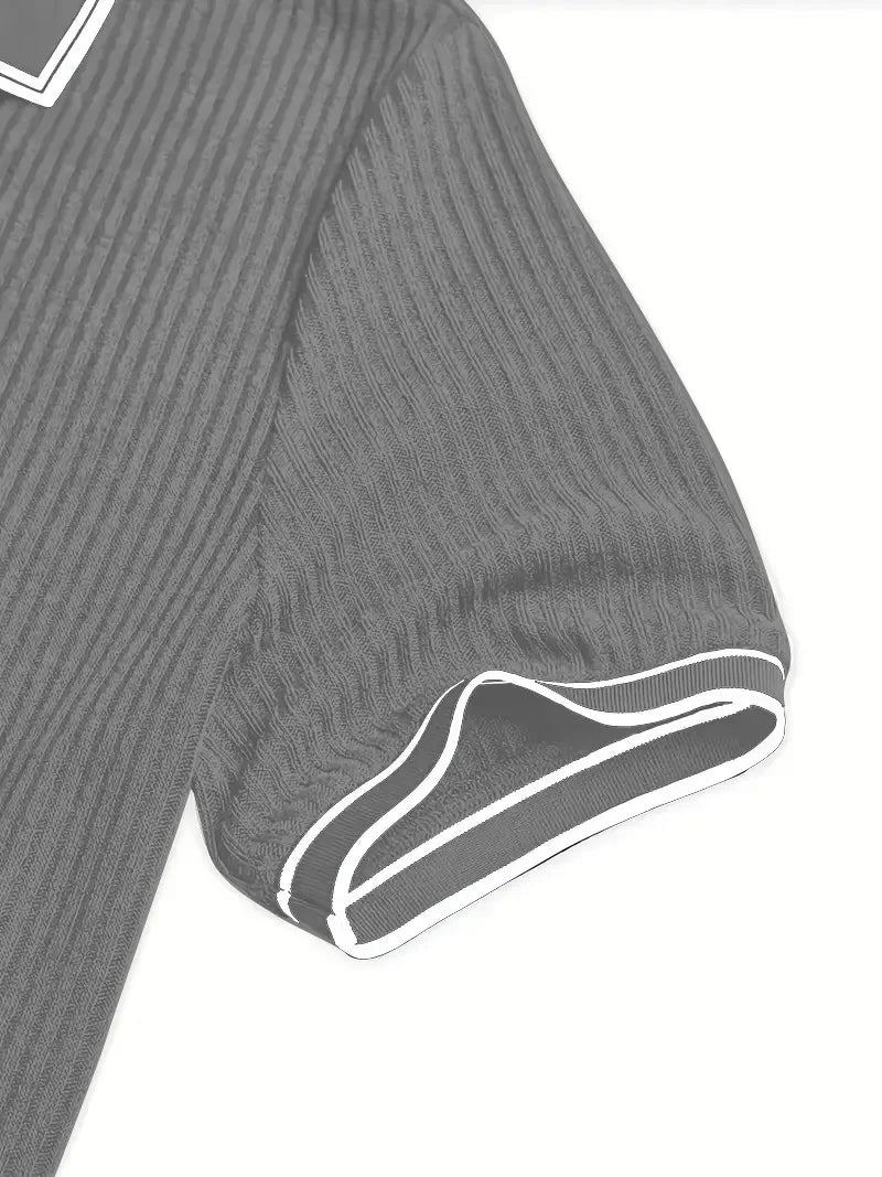 Men Ribbed Knit Polo Shirt Short Sleeve Turn Down Collar Contrast Trim Button Placket Slim Fit Casual Top