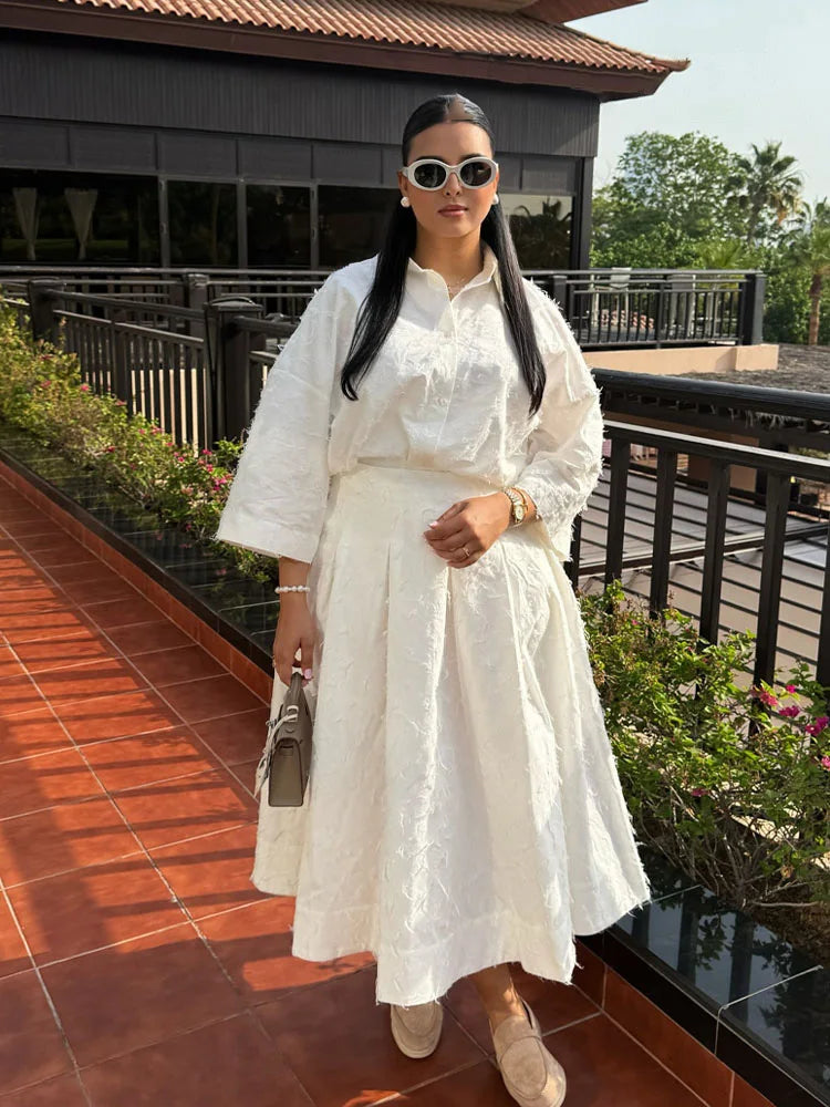 HH Women Shirt Skirt Suit Lapel Single-Breasted Tassel Decoration Casual Shirt Top+Fashion High Waist Zipper Pleated Skirt