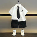 Boys Summer Formal Clothing Set 3PC Gentleman Outfit Short Sleeve Shirt Shorts with Tie for Toddler Kids Party School Daily Wear