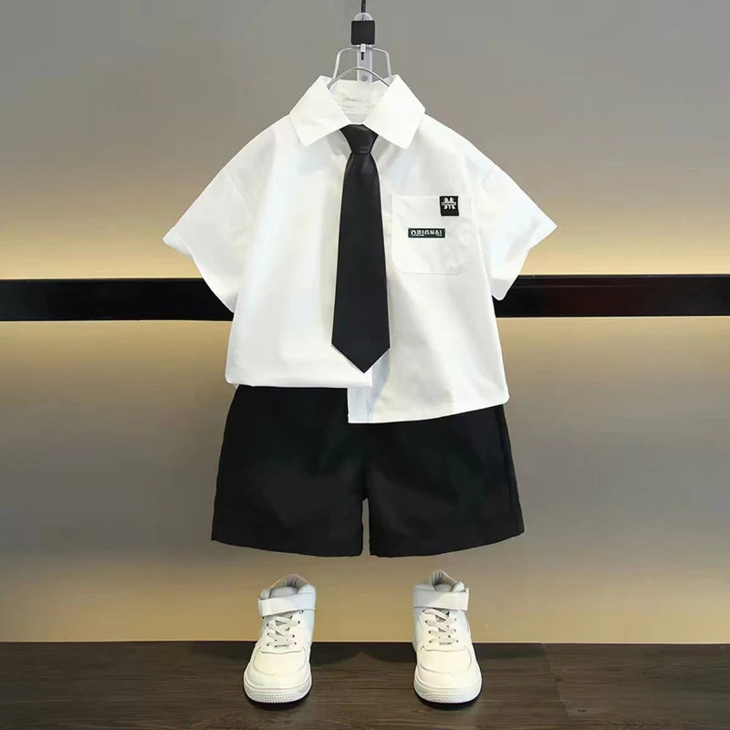 Boys Summer Formal Clothing Set 3PC Gentleman Outfit Short Sleeve Shirt Shorts with Tie for Toddler Kids Party School Daily Wear