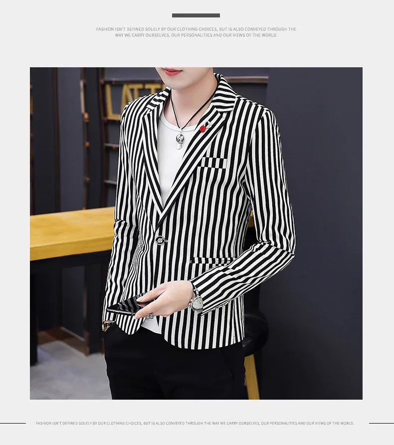 Mens Blazer Jacket 2022 New Suit Male Casual Korean Style Trendy Slim Striped Student Small Suit Jacket Hair Stylist Single Top